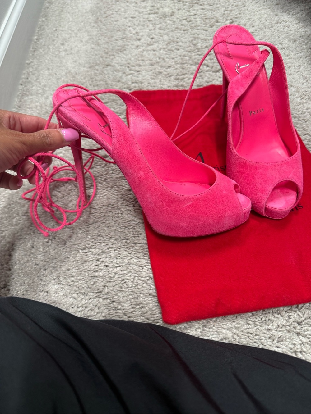 Christian Louboutin Hot Pink Suede Peep-Toe Lace-Up Heels